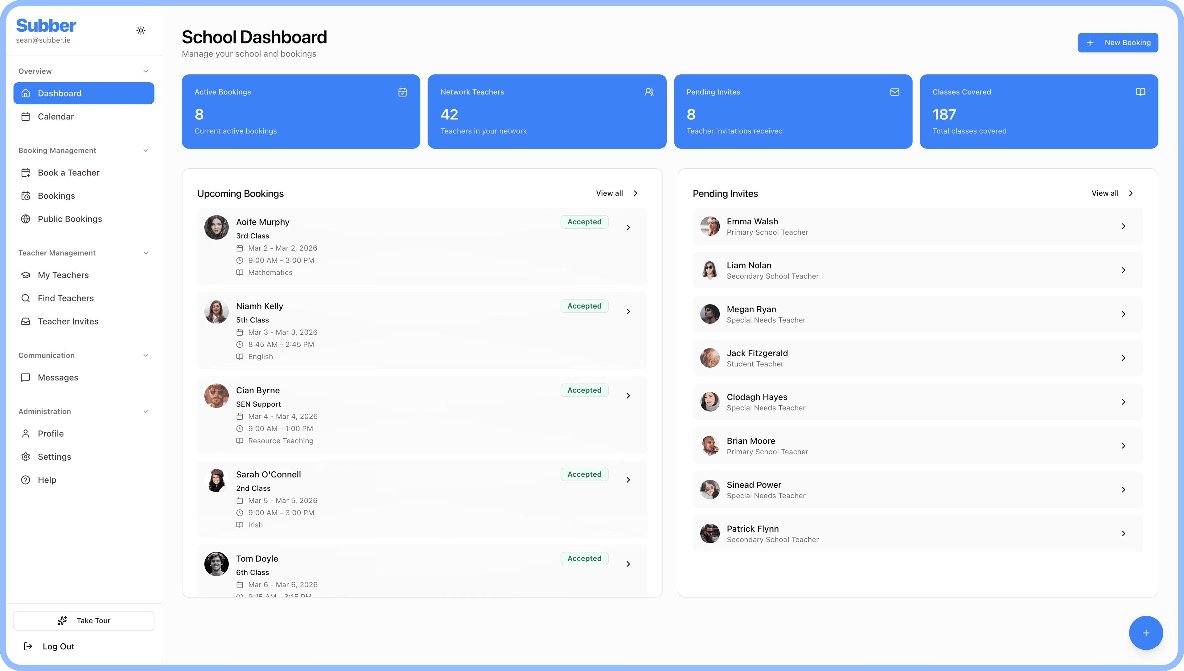 Subber dashboard showing substitute teacher management interface